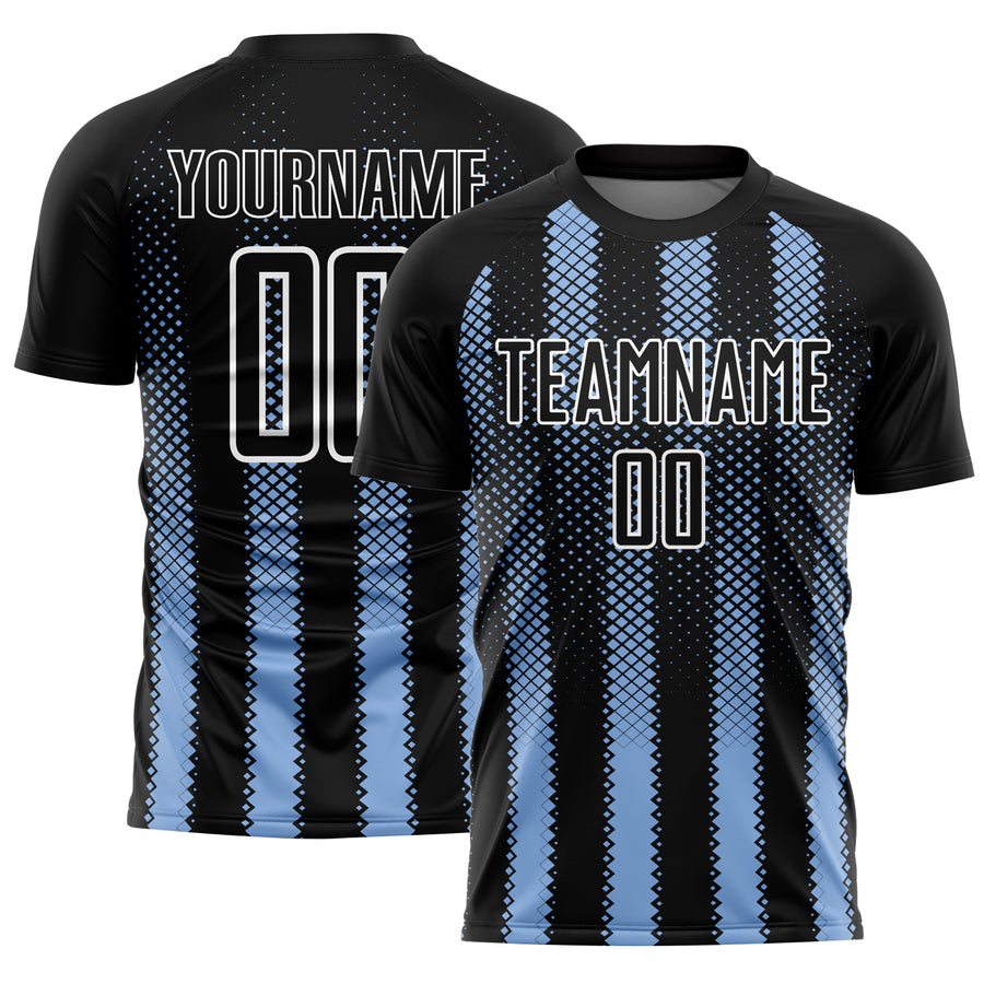 Custom Black Light Blue-White Geometric Shape Sublimation Soccer Uniform Jersey