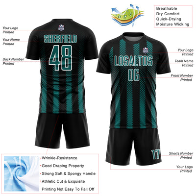 Custom Black Teal-White Geometric Shape Sublimation Soccer Uniform Jersey