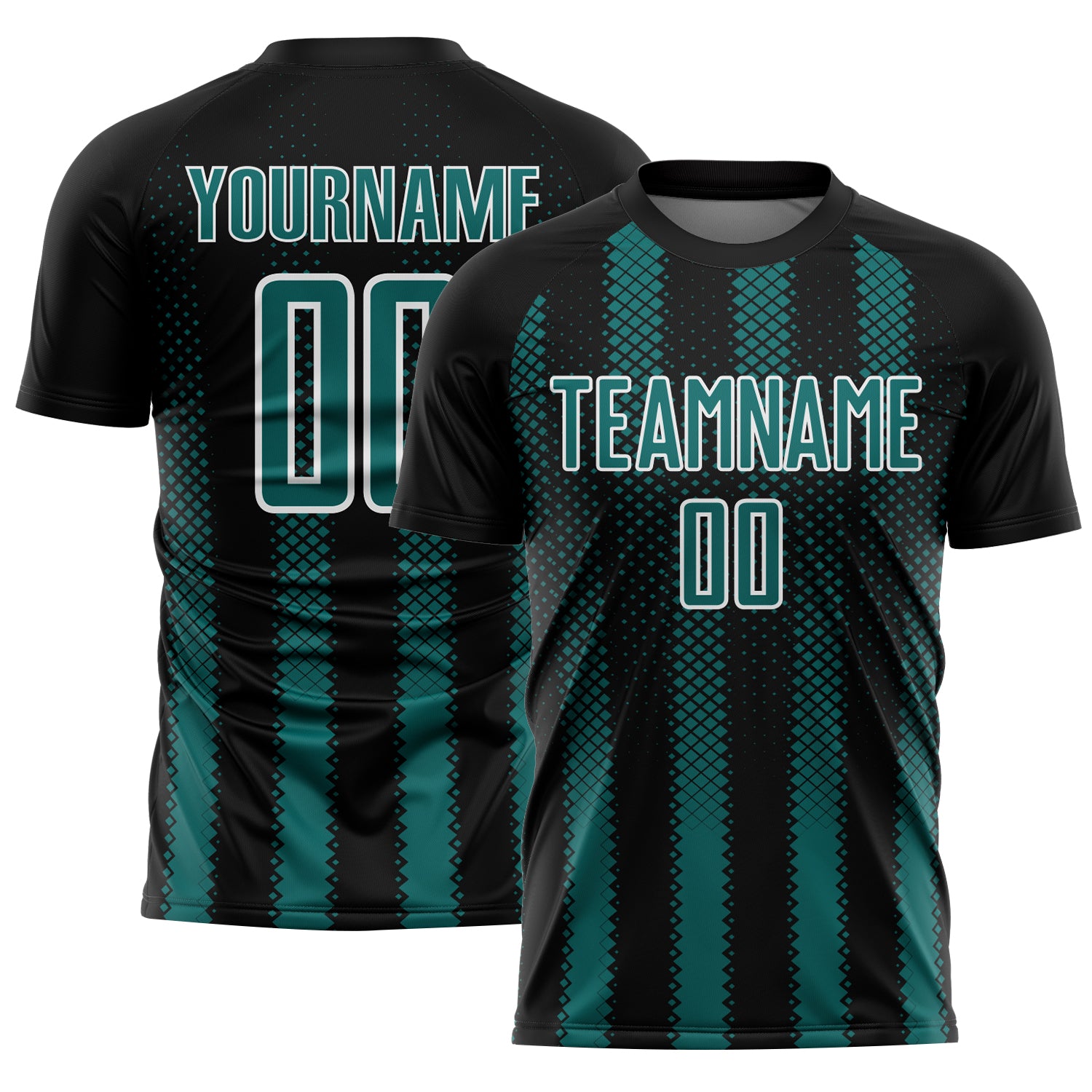 Custom Black Teal-White Geometric Shape Sublimation Soccer Uniform Jersey