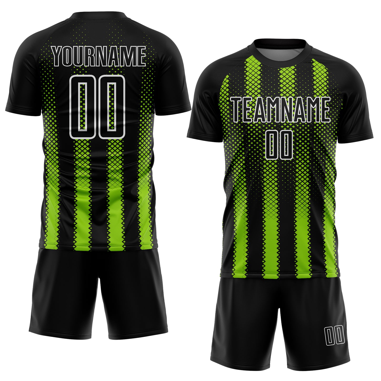 Custom Black Neon Green-White Geometric Shape Sublimation Soccer Uniform Jersey