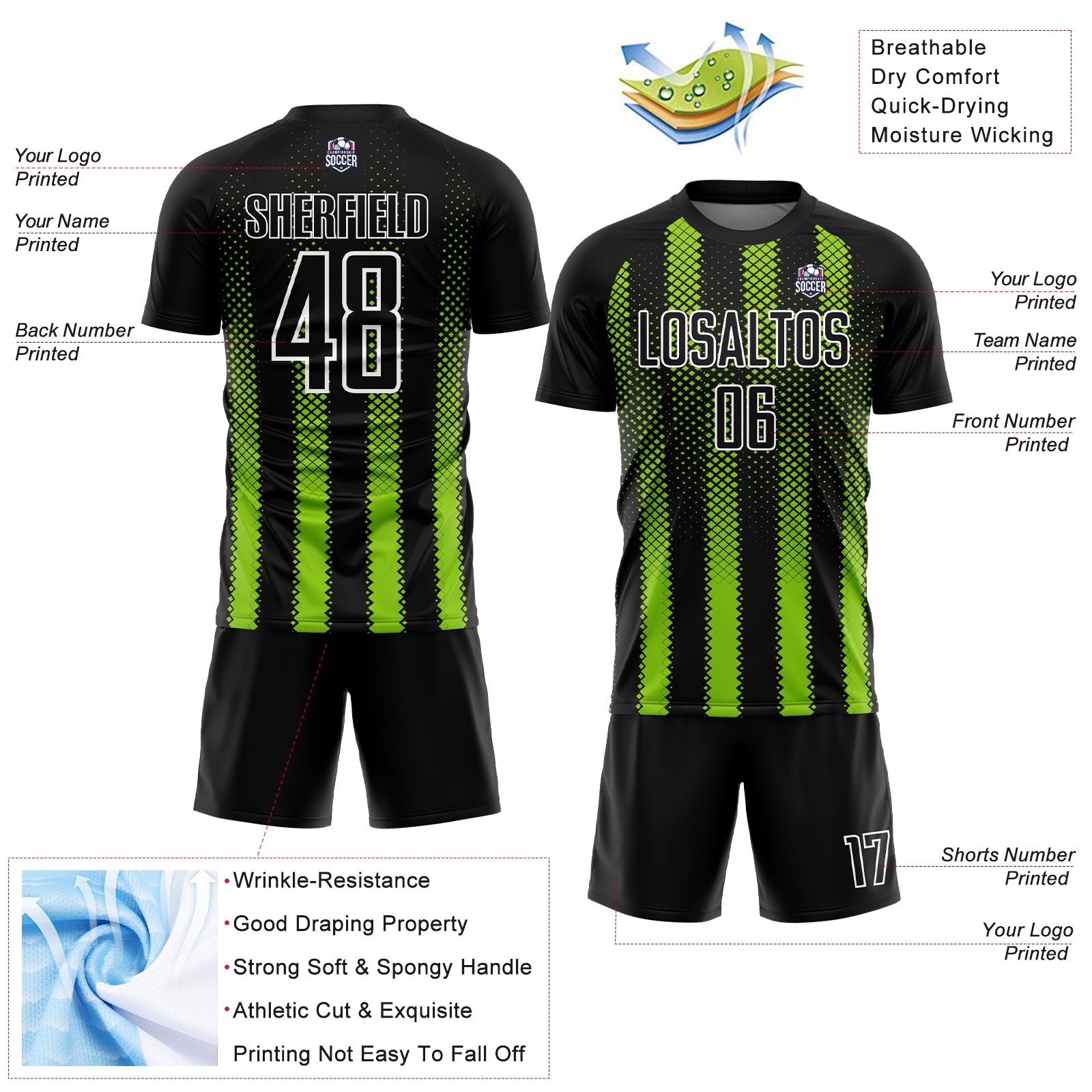 Custom Black Neon Green-White Geometric Shape Sublimation Soccer Uniform Jersey
