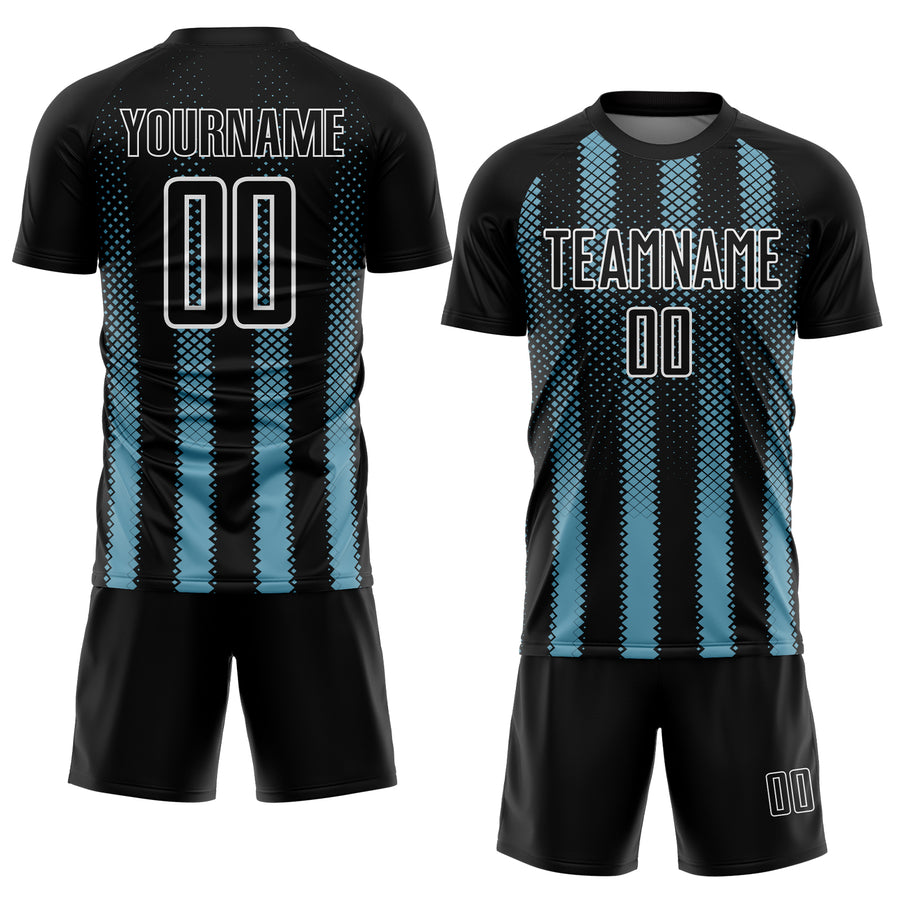 Custom Black Shadow Blue-White Geometric Shape Sublimation Soccer Uniform Jersey