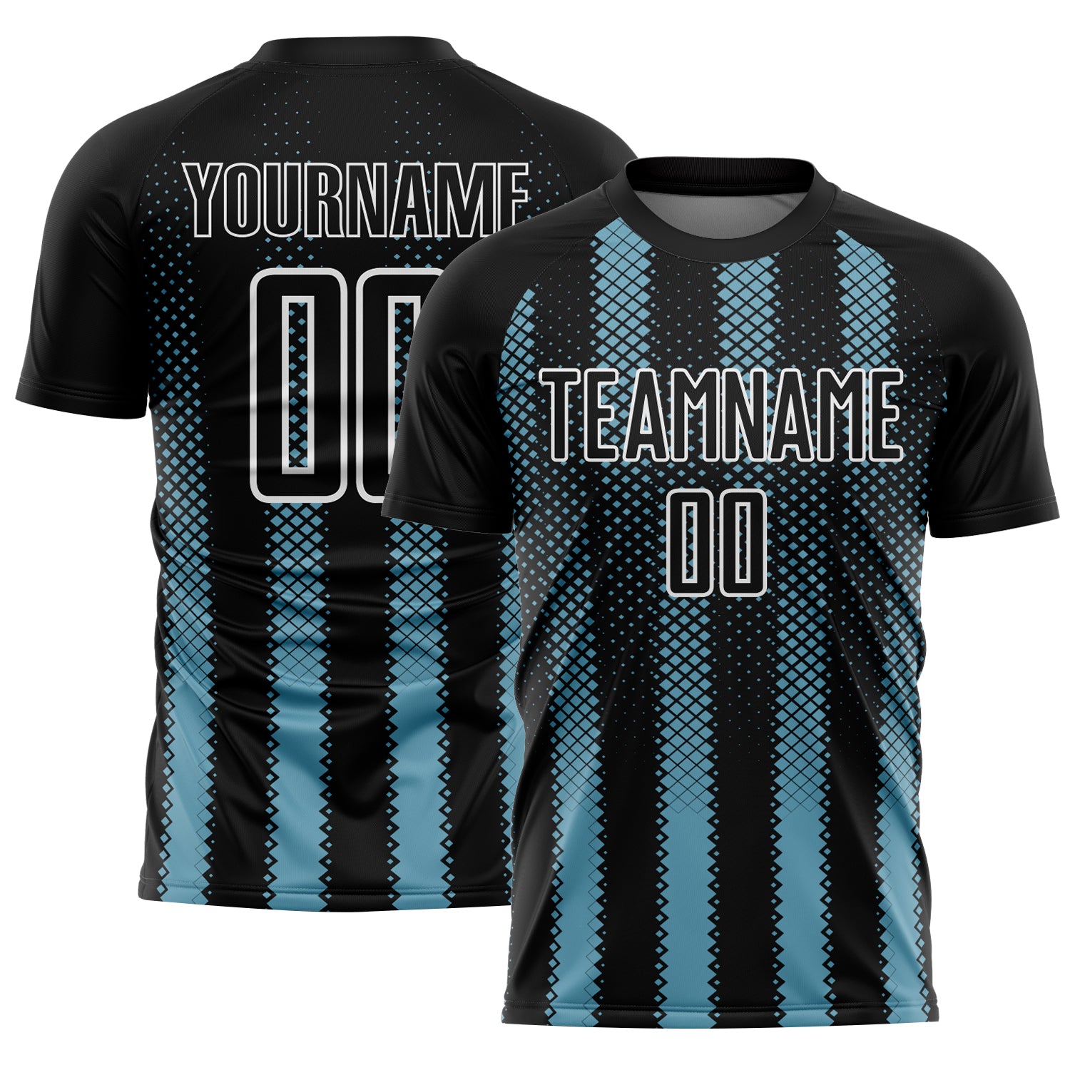 Custom Black Shadow Blue-White Geometric Shape Sublimation Soccer Uniform Jersey