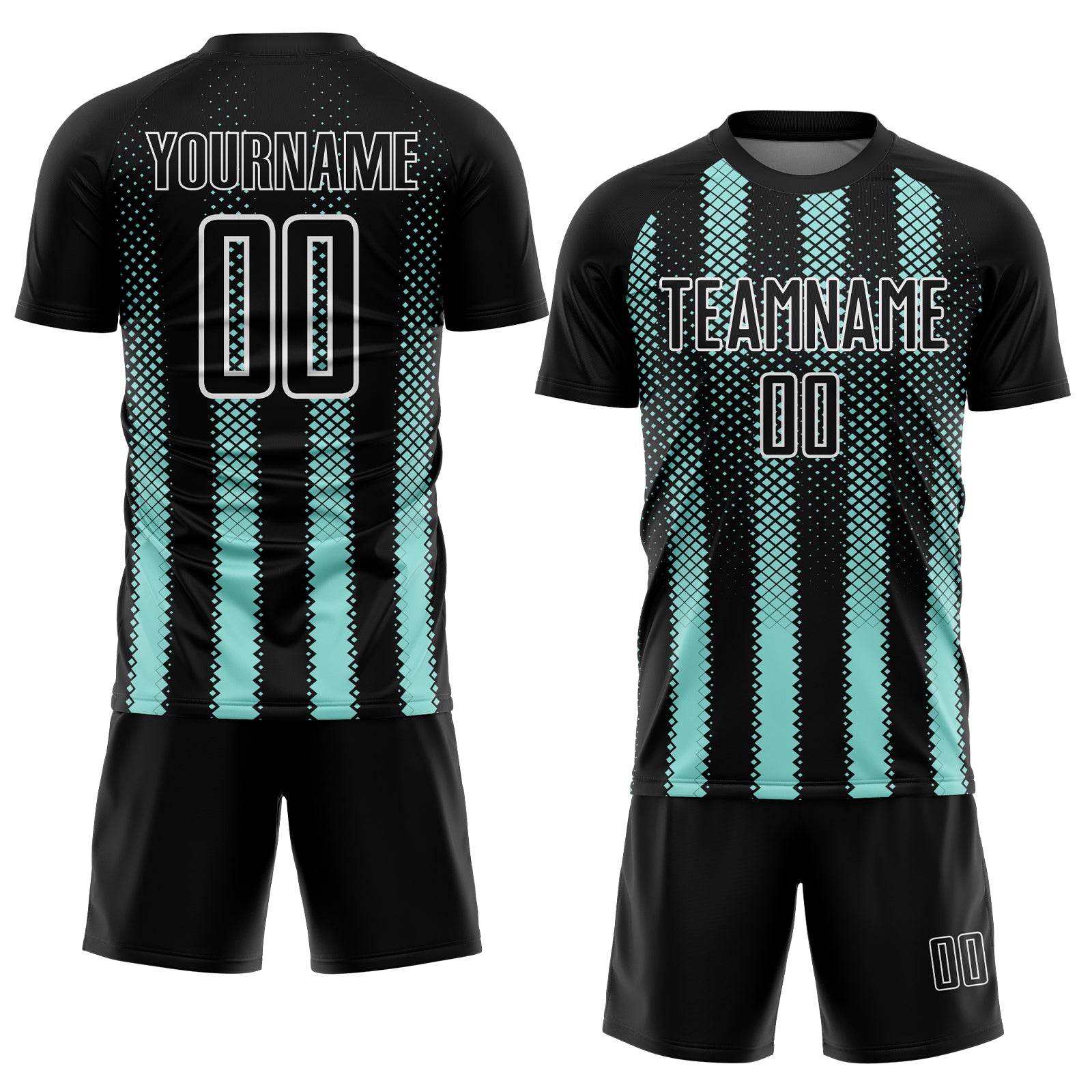 Custom Black Ice Blue-White Geometric Shape Sublimation Soccer Uniform Jersey