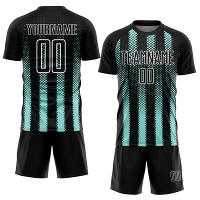 Custom Black Ice Blue-White Geometric Shape Sublimation Soccer Uniform Jersey