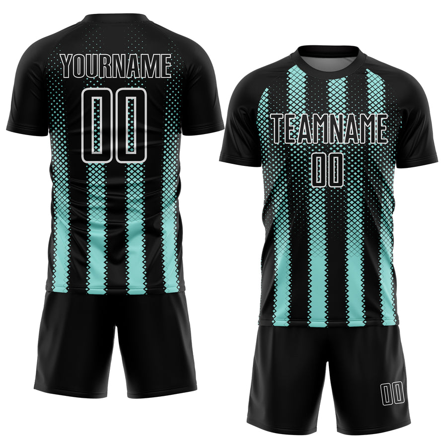 Custom Black Ice Blue-White Geometric Shape Sublimation Soccer Uniform Jersey
