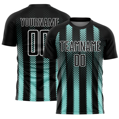 Custom Black Ice Blue-White Geometric Shape Sublimation Soccer Uniform Jersey