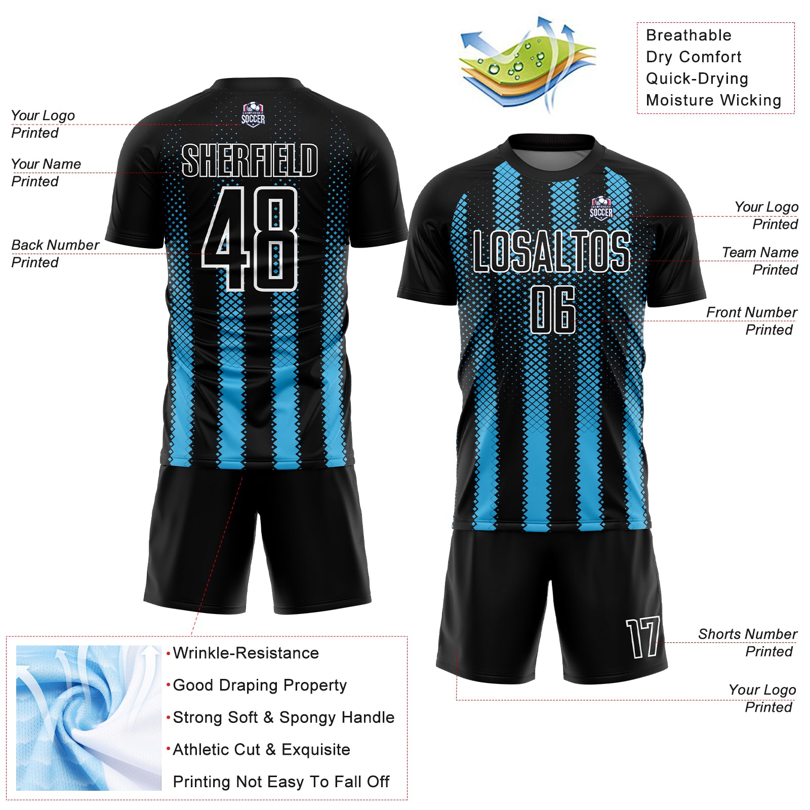 Custom Black Sky Blue-White Geometric Shape Sublimation Soccer Uniform Jersey