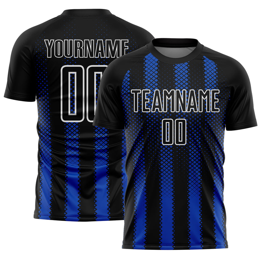 Custom Black Thunder Blue-White Geometric Shape Sublimation Soccer Uniform Jersey