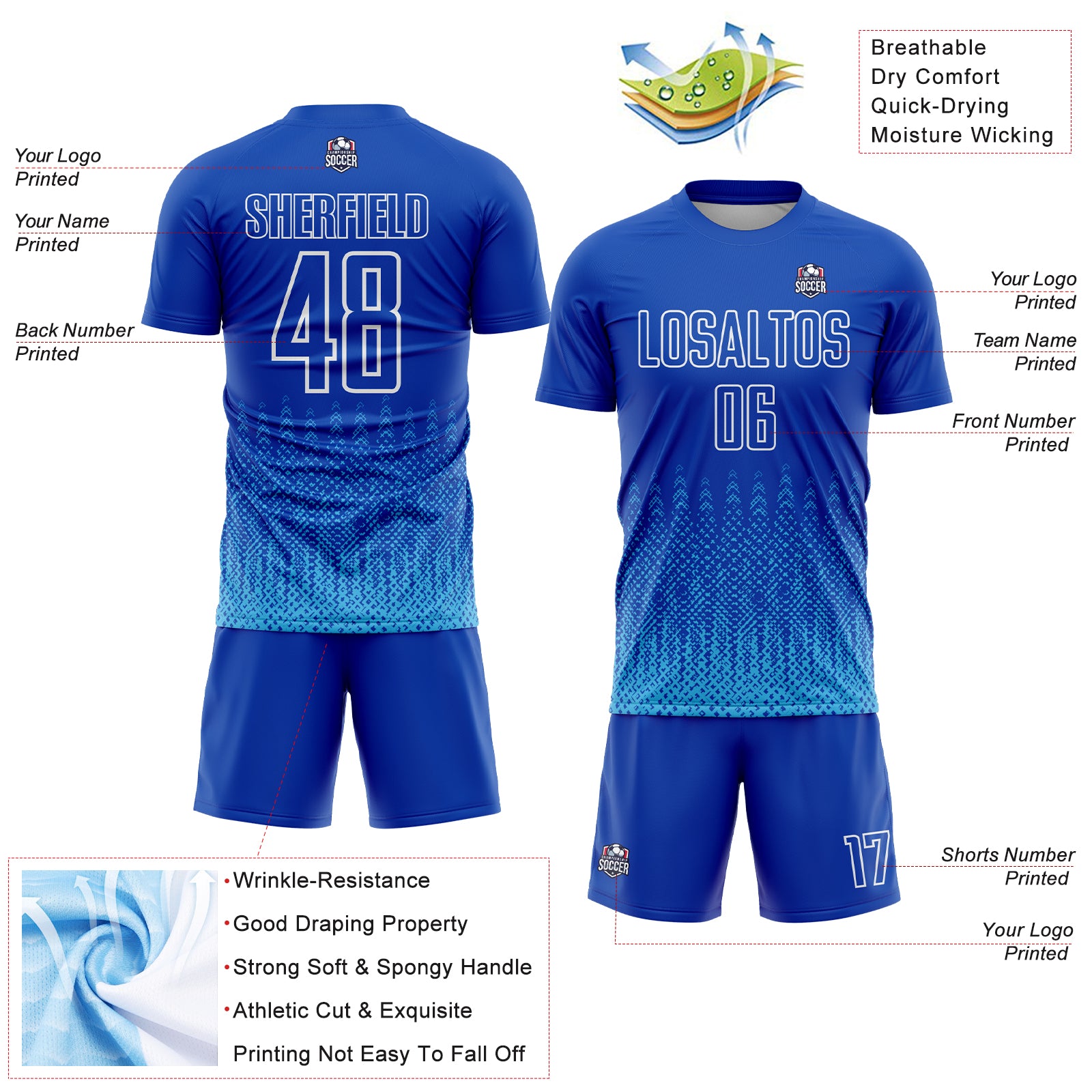 Custom Royal Sky Blue-White Geometric Shape Sublimation Soccer Uniform Jersey