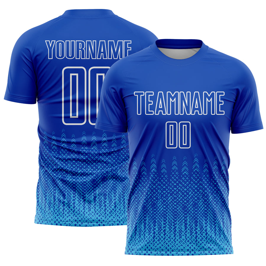 Custom Royal Sky Blue-White Geometric Shape Sublimation Soccer Uniform Jersey