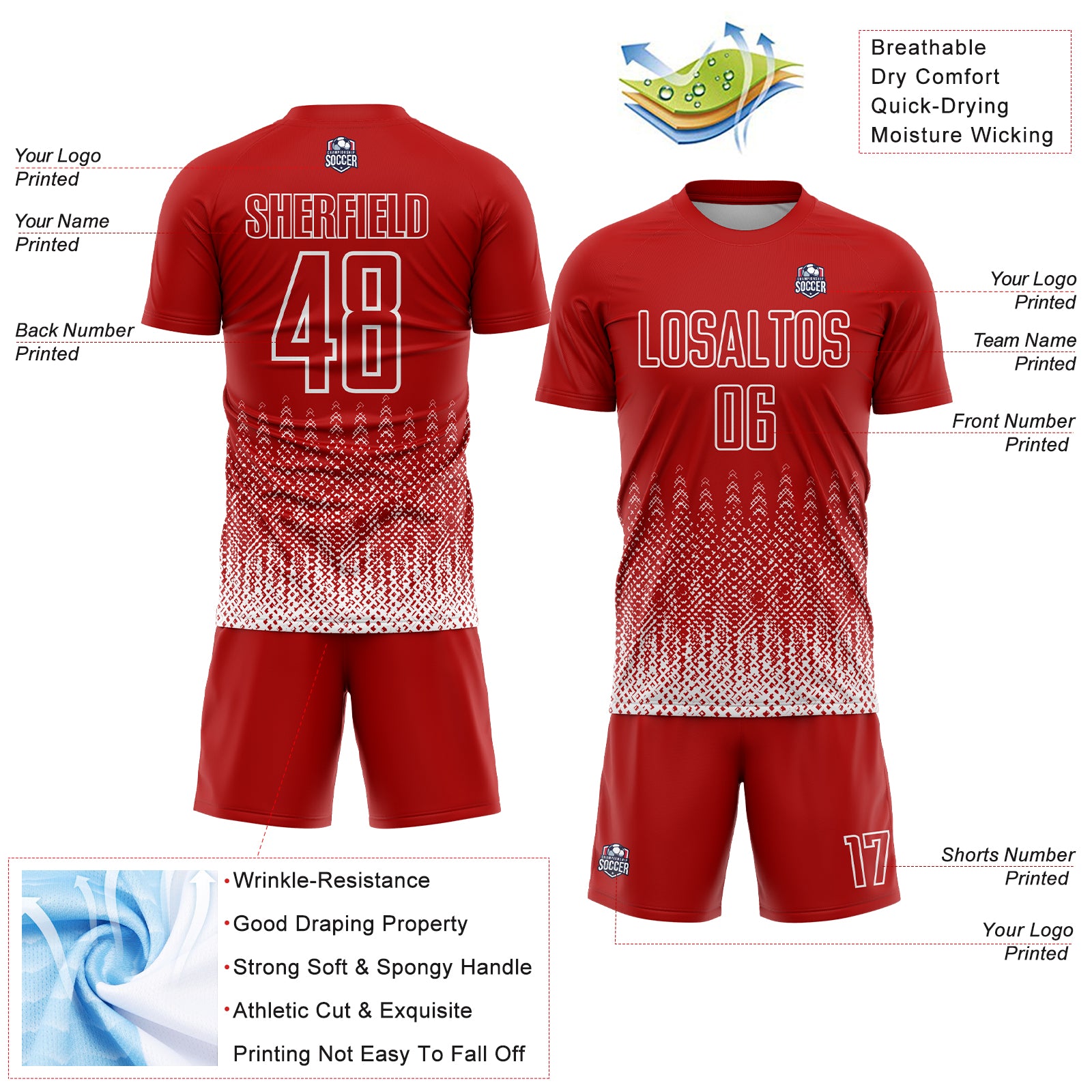 Custom Red White Geometric Shape Sublimation Soccer Uniform Jersey