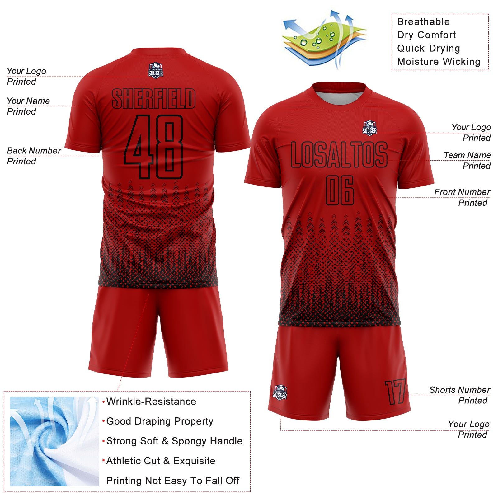 Custom Red Black Geometric Shape Sublimation Soccer Uniform Jersey