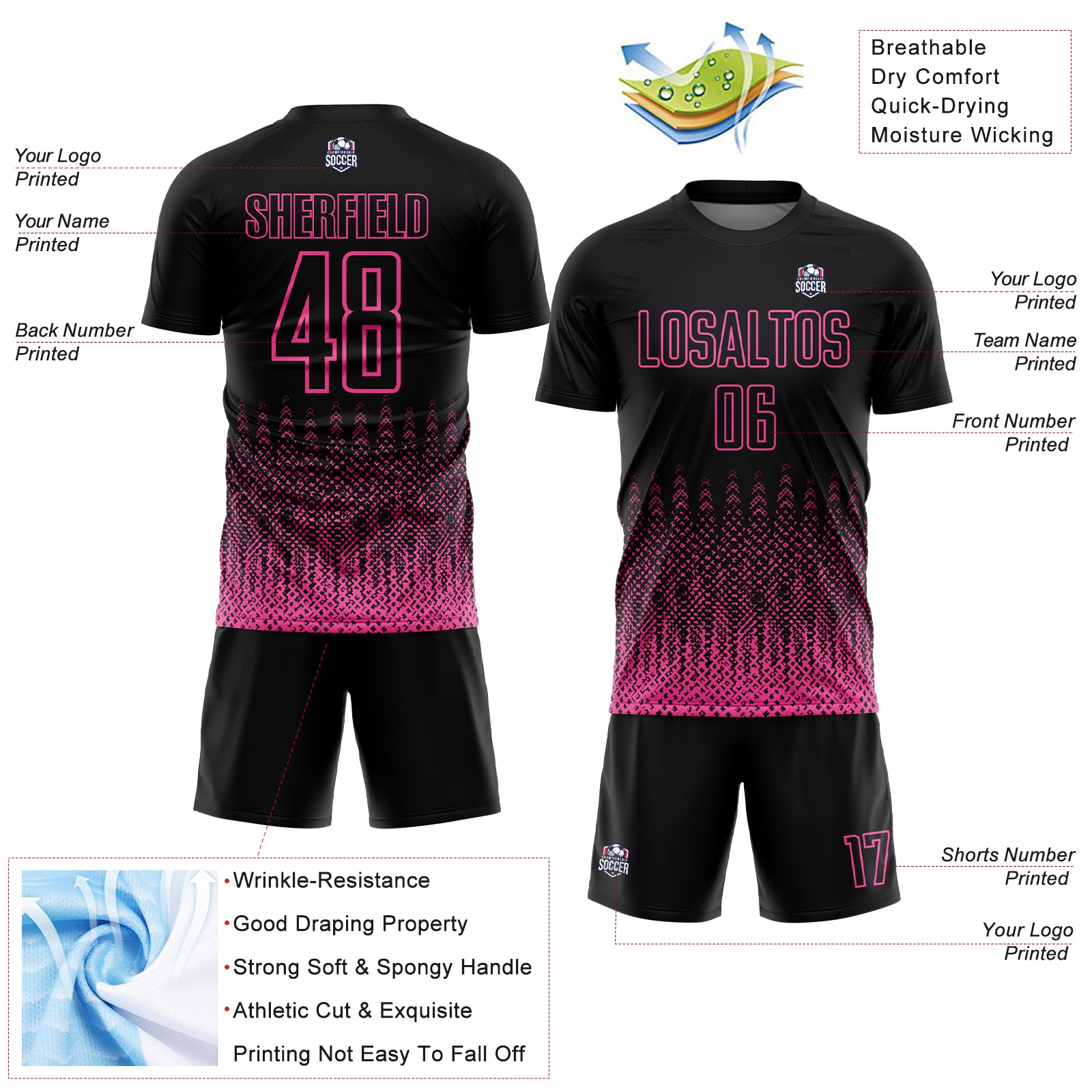 Custom Black Pink Geometric Shape Sublimation Soccer Uniform Jersey