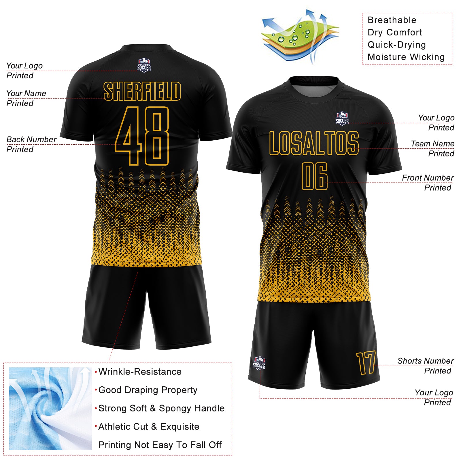 Custom Black Gold Geometric Shape Sublimation Soccer Uniform Jersey