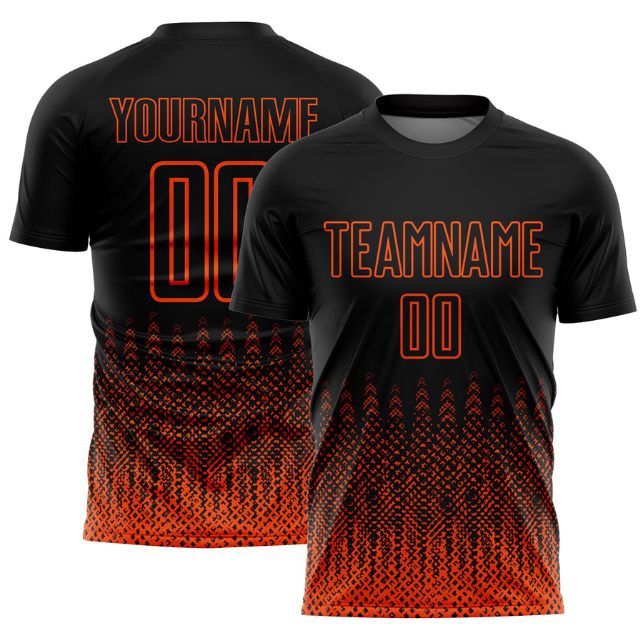 Custom Black Orange Geometric Shape Sublimation Soccer Uniform Jersey