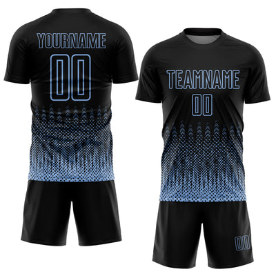 Custom Black Light Blue Geometric Shape Sublimation Soccer Uniform Jersey