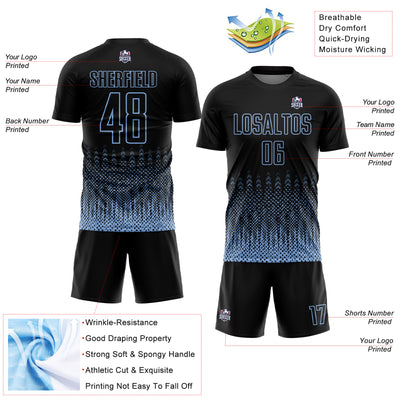 Custom Black Light Blue Geometric Shape Sublimation Soccer Uniform Jersey