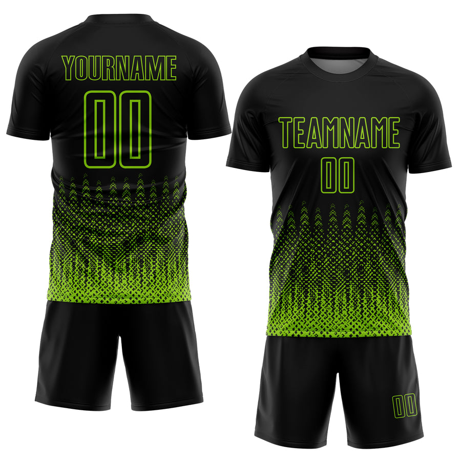 Custom Black Neon Green Geometric Shape Sublimation Soccer Uniform Jersey