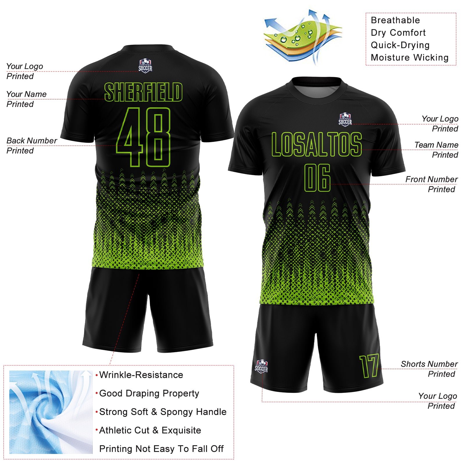 Custom Black Neon Green Geometric Shape Sublimation Soccer Uniform Jersey