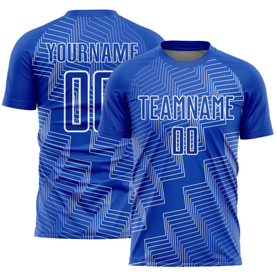 Custom Thunder Blue White Zigzag Shape Sublimation Soccer Uniform Jersey