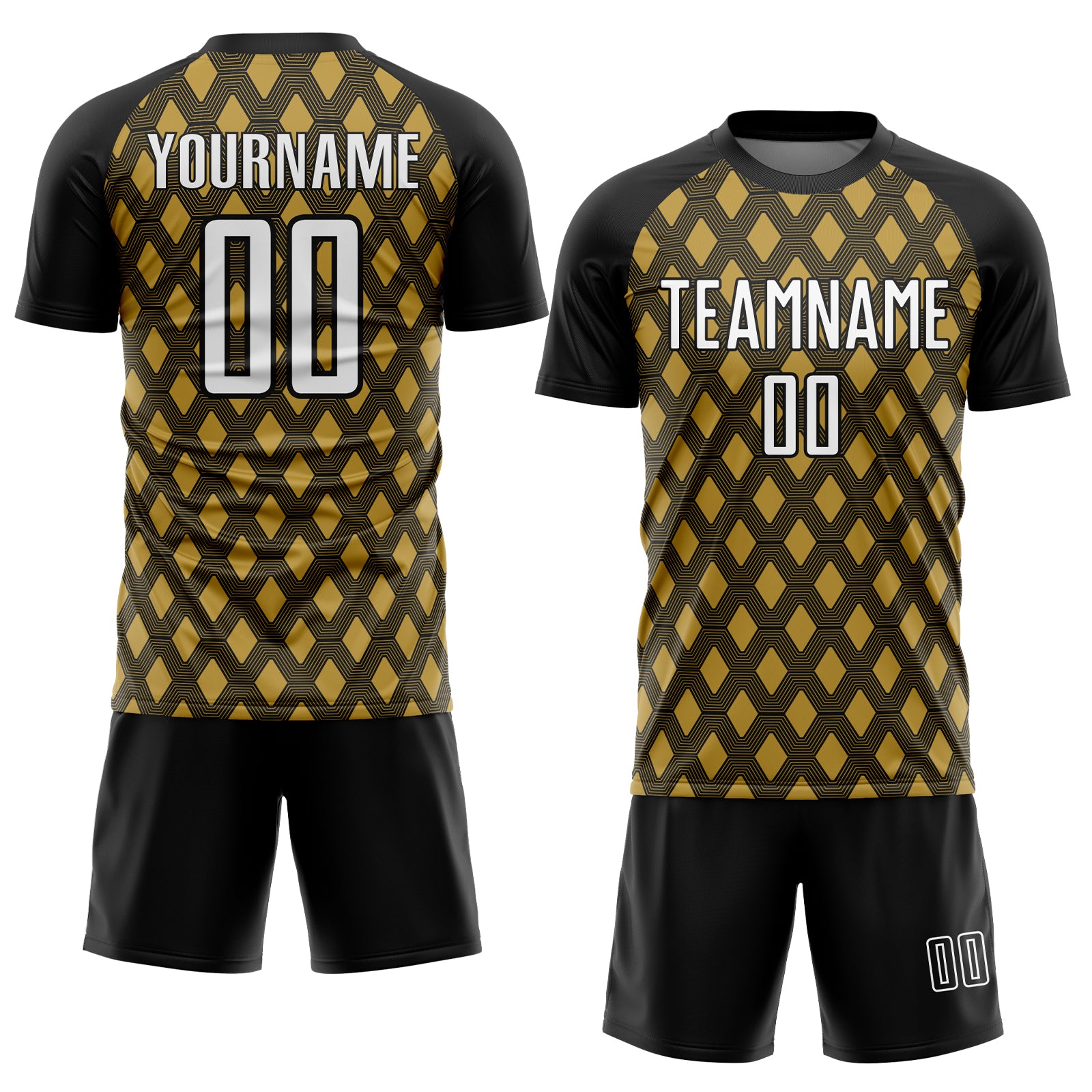 Custom Black White-Old Gold Geometric Shape Sublimation Soccer Uniform Jersey