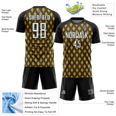 Custom Black White-Old Gold Geometric Shape Sublimation Soccer Uniform Jersey
