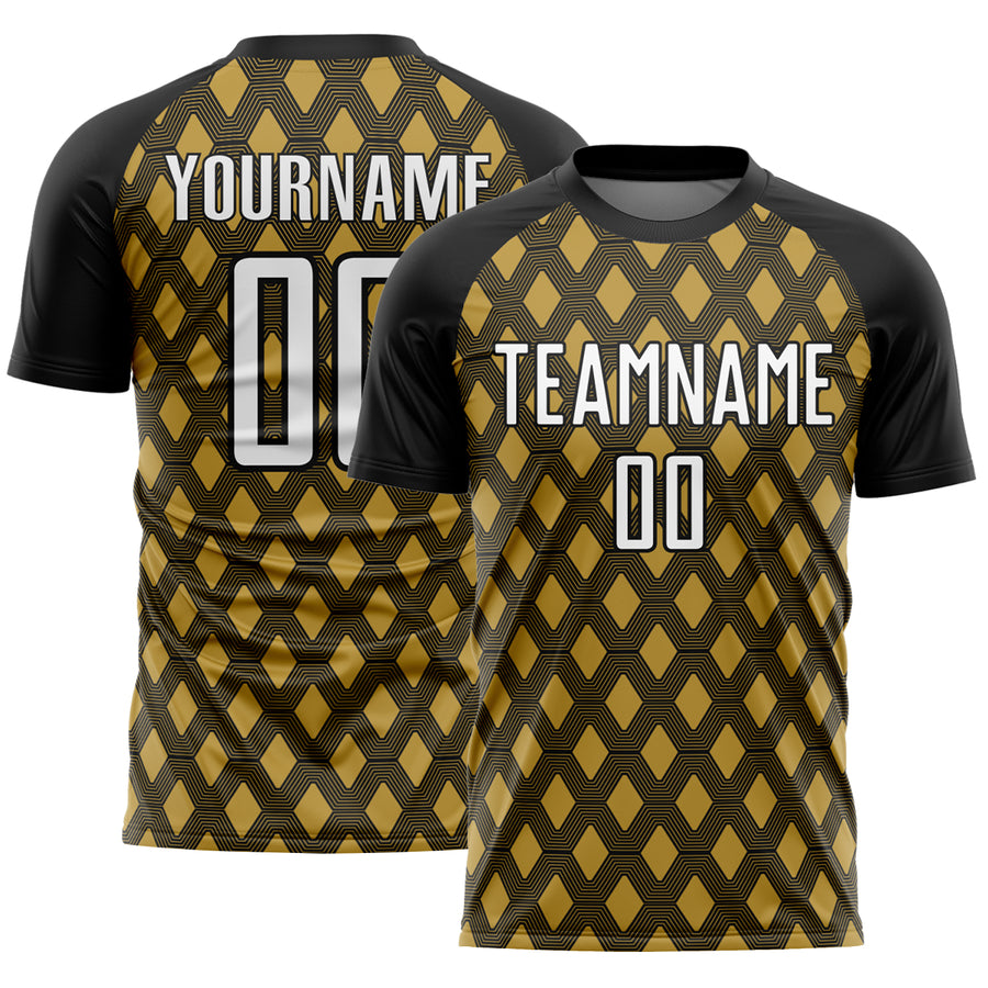 Custom Black White-Old Gold Geometric Shape Sublimation Soccer Uniform Jersey