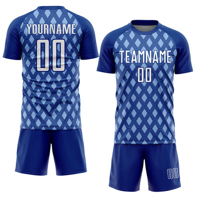Custom Royal White-Light Blue Geometric Shape Sublimation Soccer Uniform Jersey