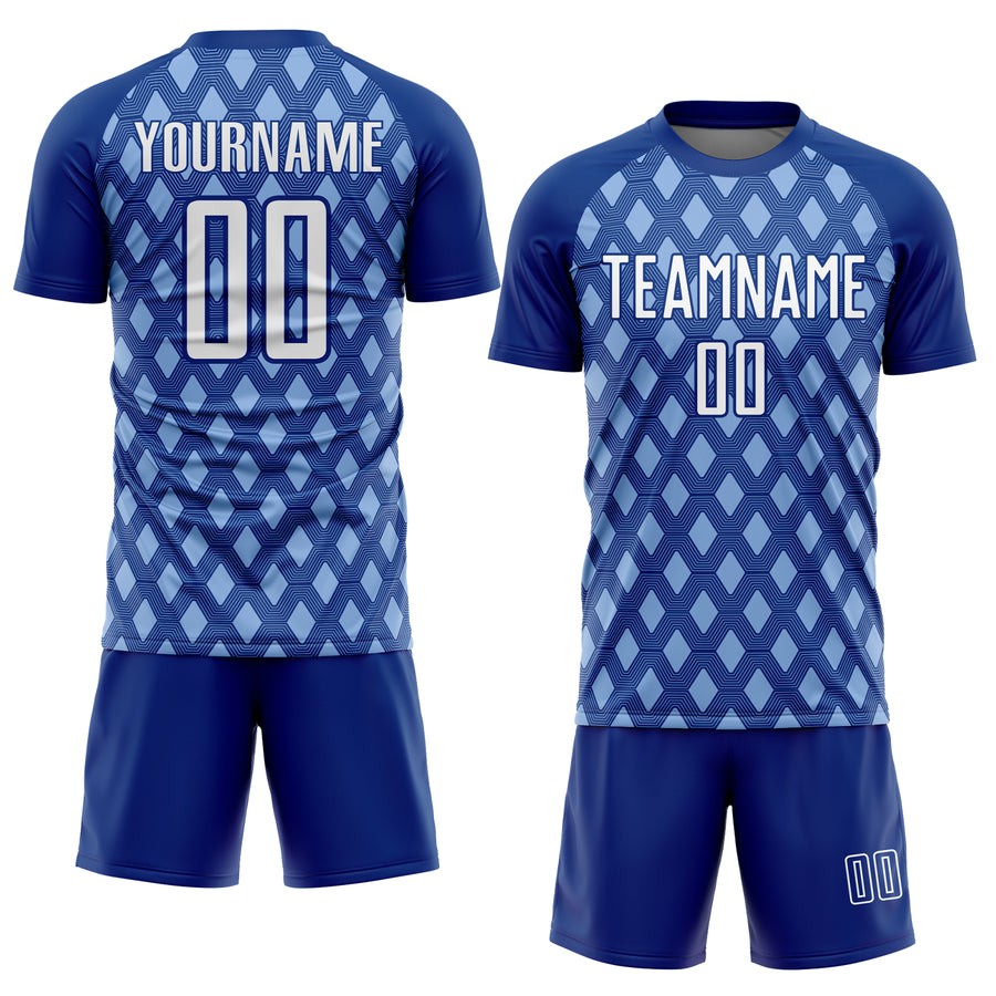 Custom Royal White-Light Blue Geometric Shape Sublimation Soccer Uniform Jersey