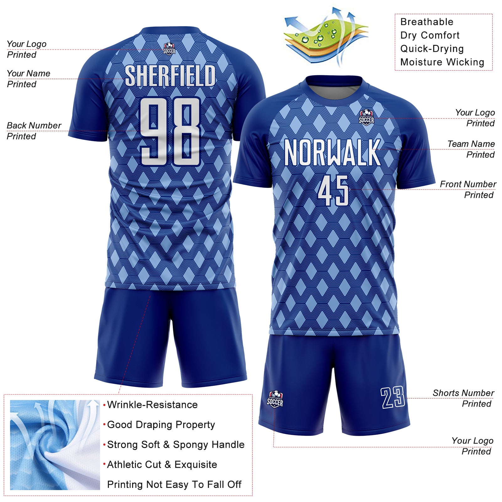 Custom Royal White-Light Blue Geometric Shape Sublimation Soccer Uniform Jersey