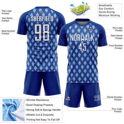 Custom Royal White-Light Blue Geometric Shape Sublimation Soccer Uniform Jersey