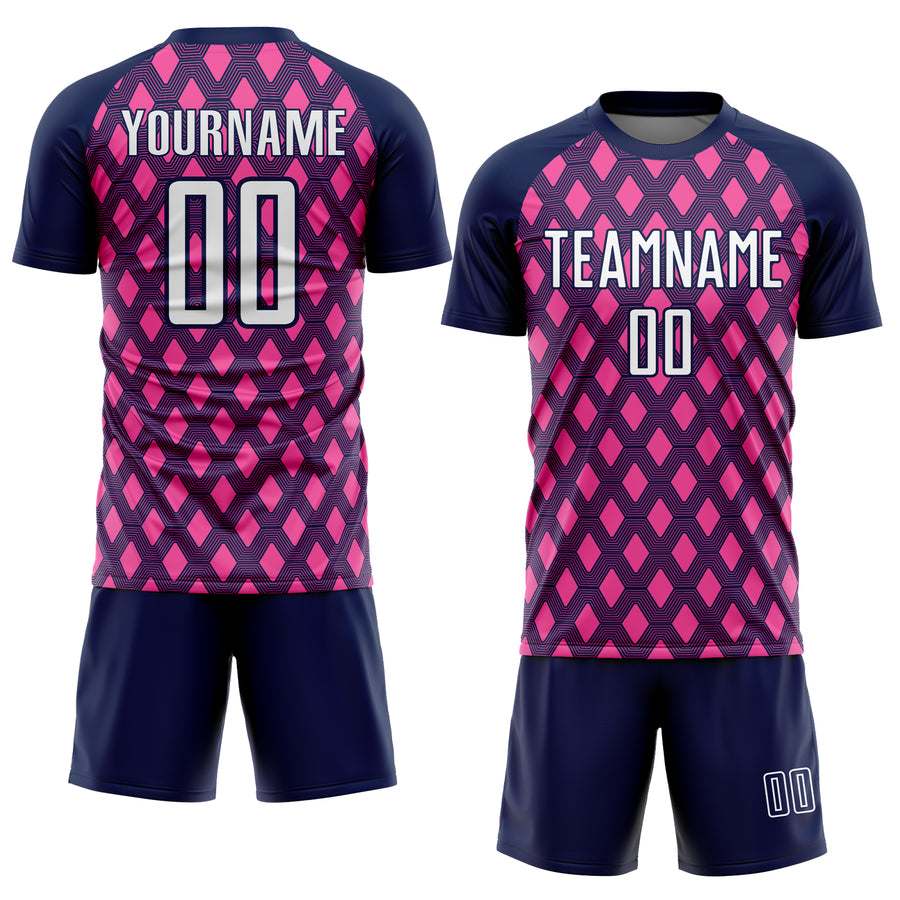 Custom Navy White-Pink Geometric Shape Sublimation Soccer Uniform Jersey