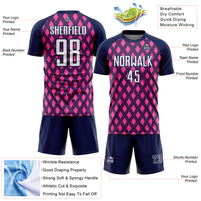 Custom Navy White-Pink Geometric Shape Sublimation Soccer Uniform Jersey