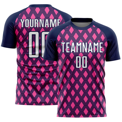 Custom Navy White-Pink Geometric Shape Sublimation Soccer Uniform Jersey