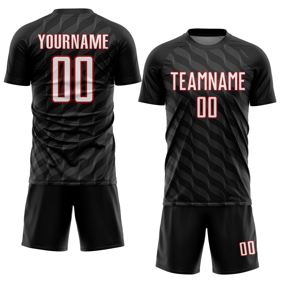 Custom Black White-Red Waves Shape Sublimation Soccer Uniform Jersey