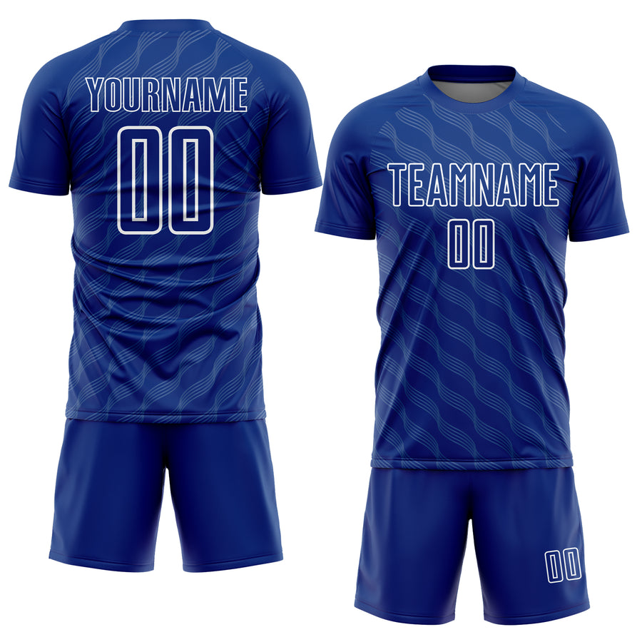 Custom Royal White Waves Shape Sublimation Soccer Uniform Jersey