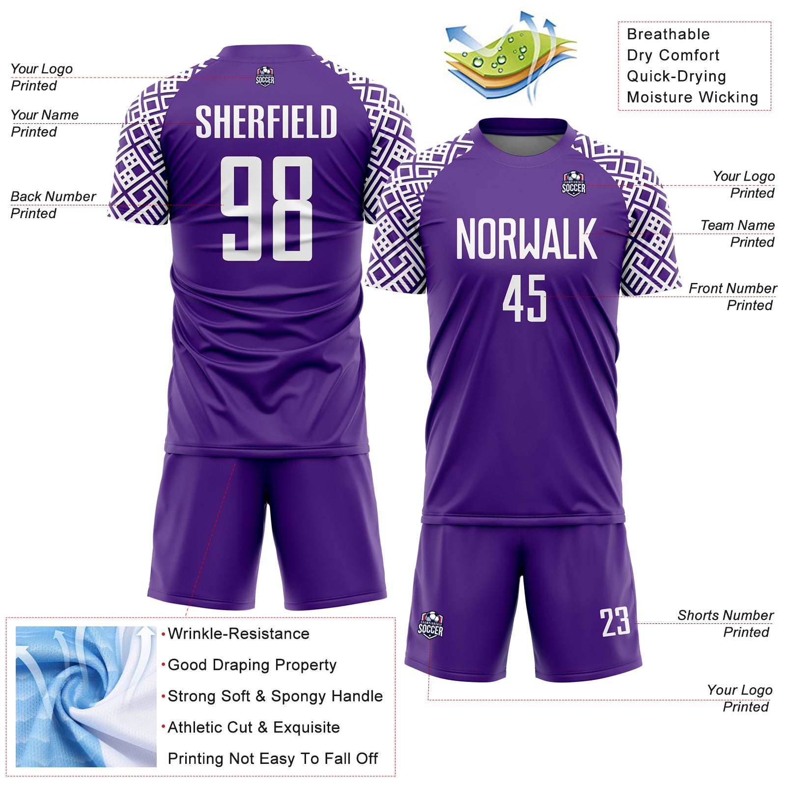 Custom Purple White Geometric Shape Sublimation Soccer Uniform Jersey