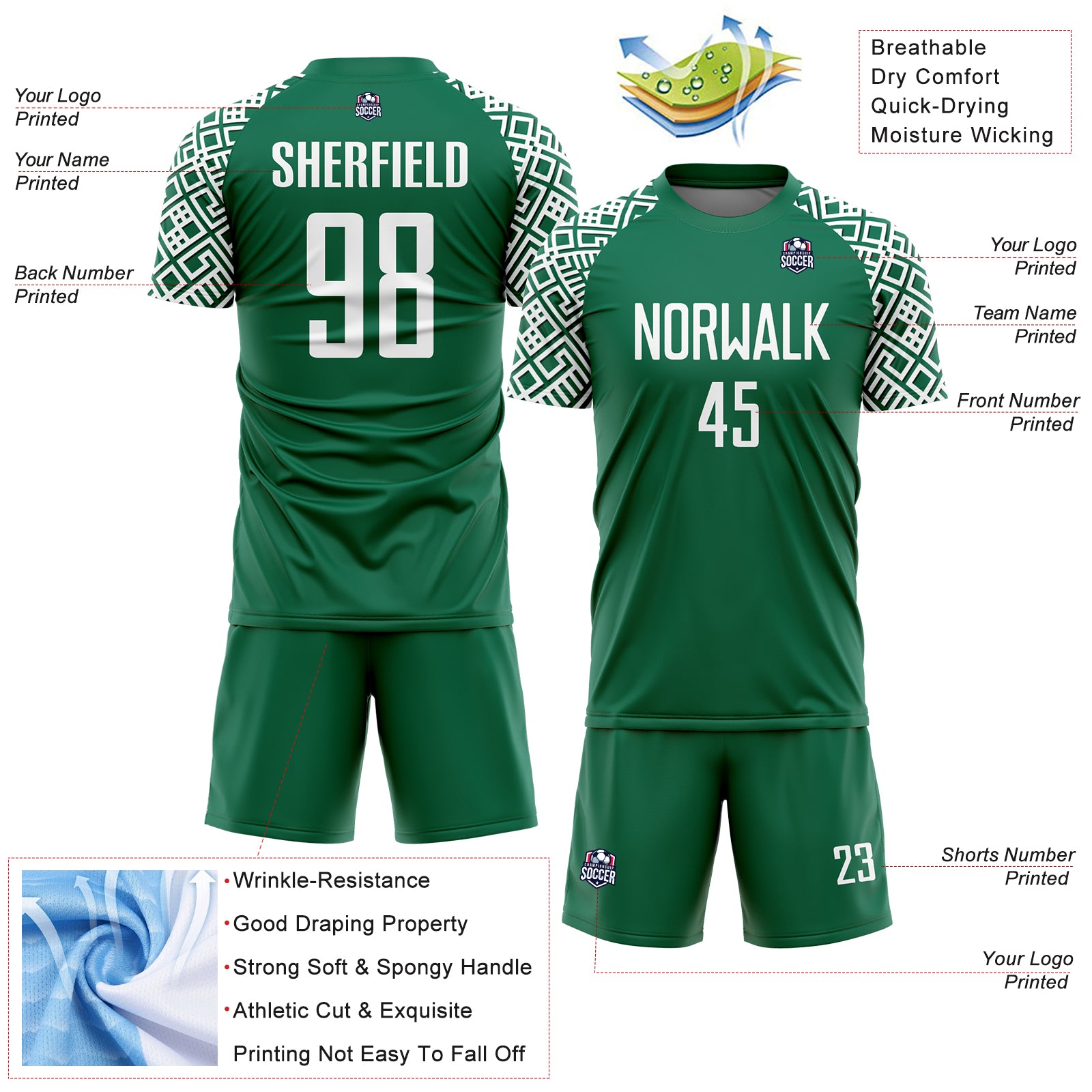 Custom Kelly Green White Geometric Shape Sublimation Soccer Uniform Jersey