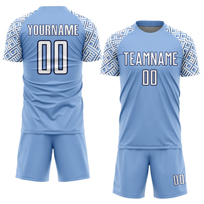 Custom Light Blue White-Navy Geometric Shape Sublimation Soccer Uniform Jersey