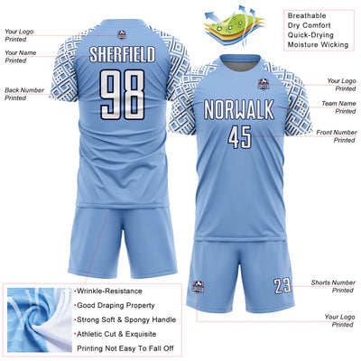 Custom Light Blue White-Navy Geometric Shape Sublimation Soccer Uniform Jersey