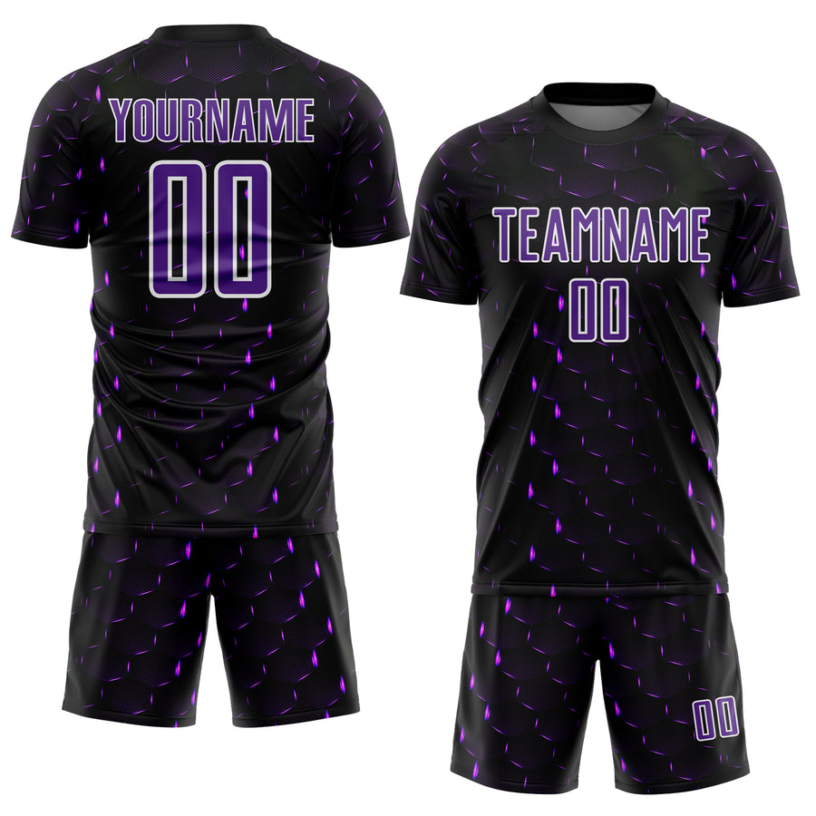 Custom Black Purple-White Geometric Shape Sublimation Soccer Uniform Jersey
