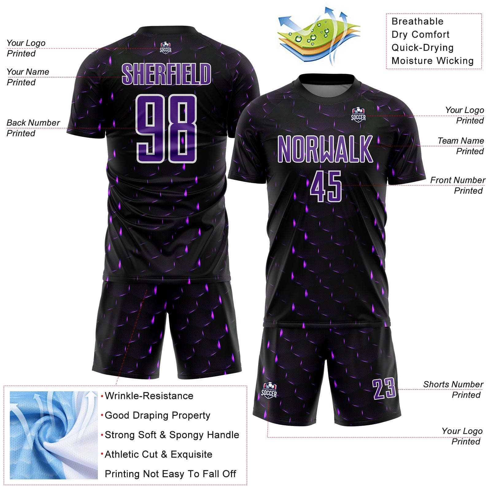Custom Black Purple-White Geometric Shape Sublimation Soccer Uniform Jersey