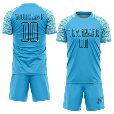 Custom Sky Blue Black Geometric Shape Sublimation Soccer Uniform Jersey