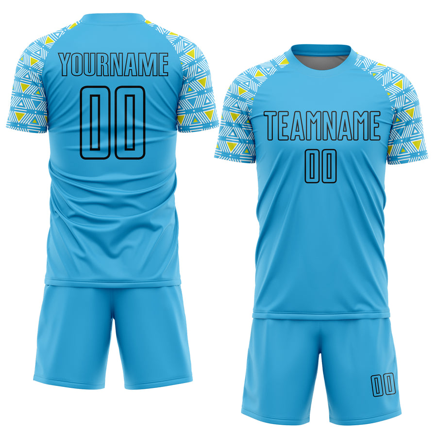 Custom Sky Blue Black Geometric Shape Sublimation Soccer Uniform Jersey