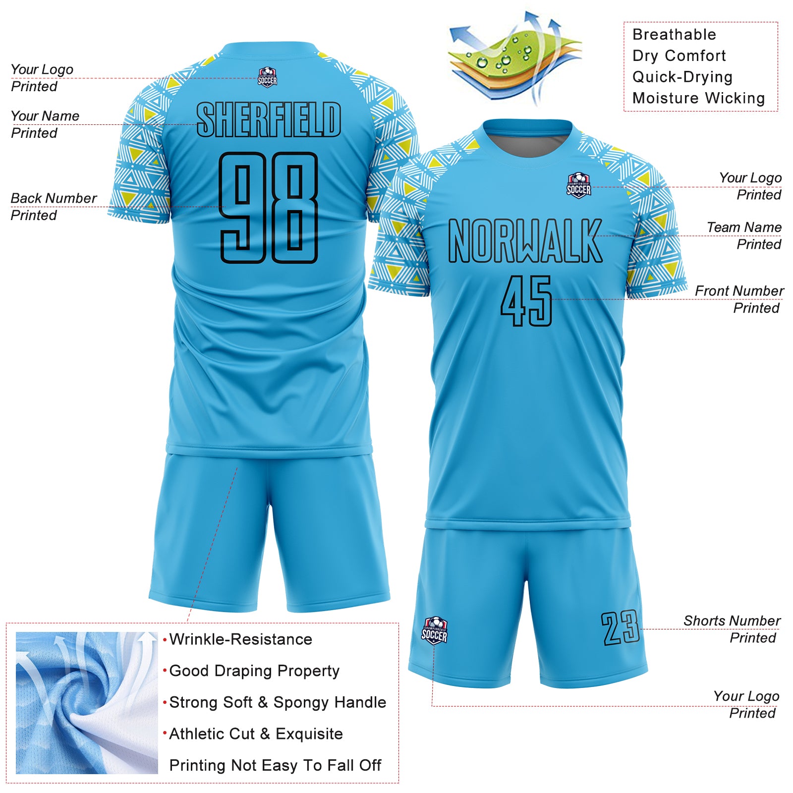 Custom Sky Blue Black Geometric Shape Sublimation Soccer Uniform Jersey