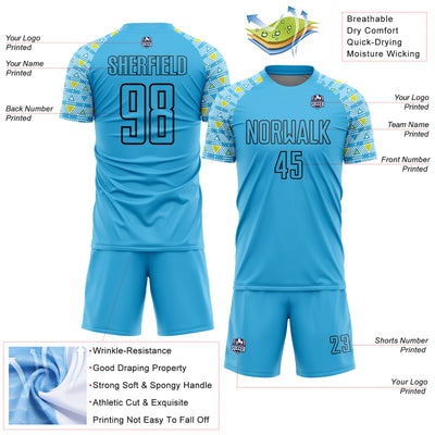 Custom Sky Blue Black Geometric Shape Sublimation Soccer Uniform Jersey