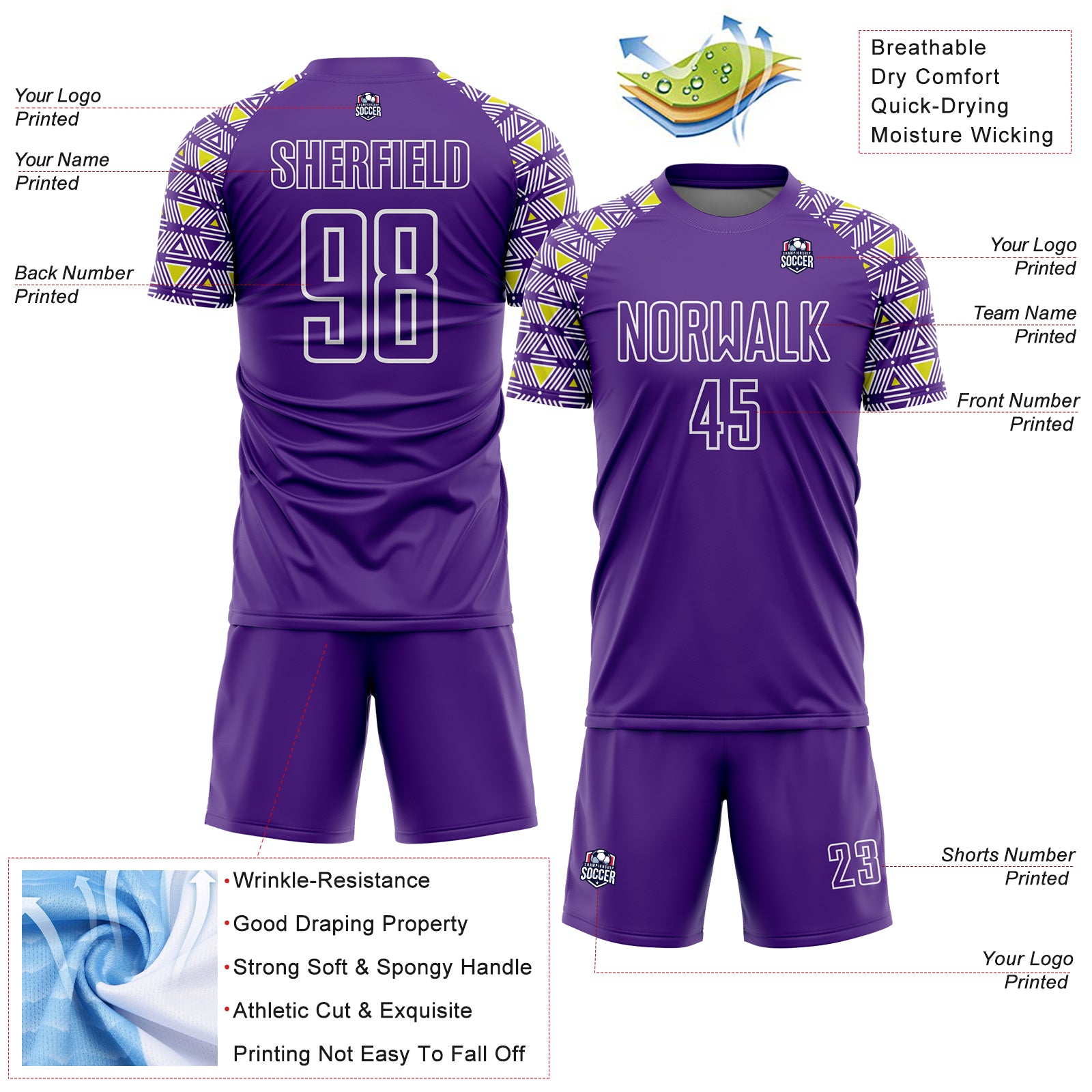 Custom Purple White Geometric Shape Sublimation Soccer Uniform Jersey