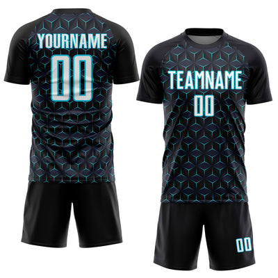 Custom Black White-Lakes Blue Geometric Shape Sublimation Soccer Uniform Jersey