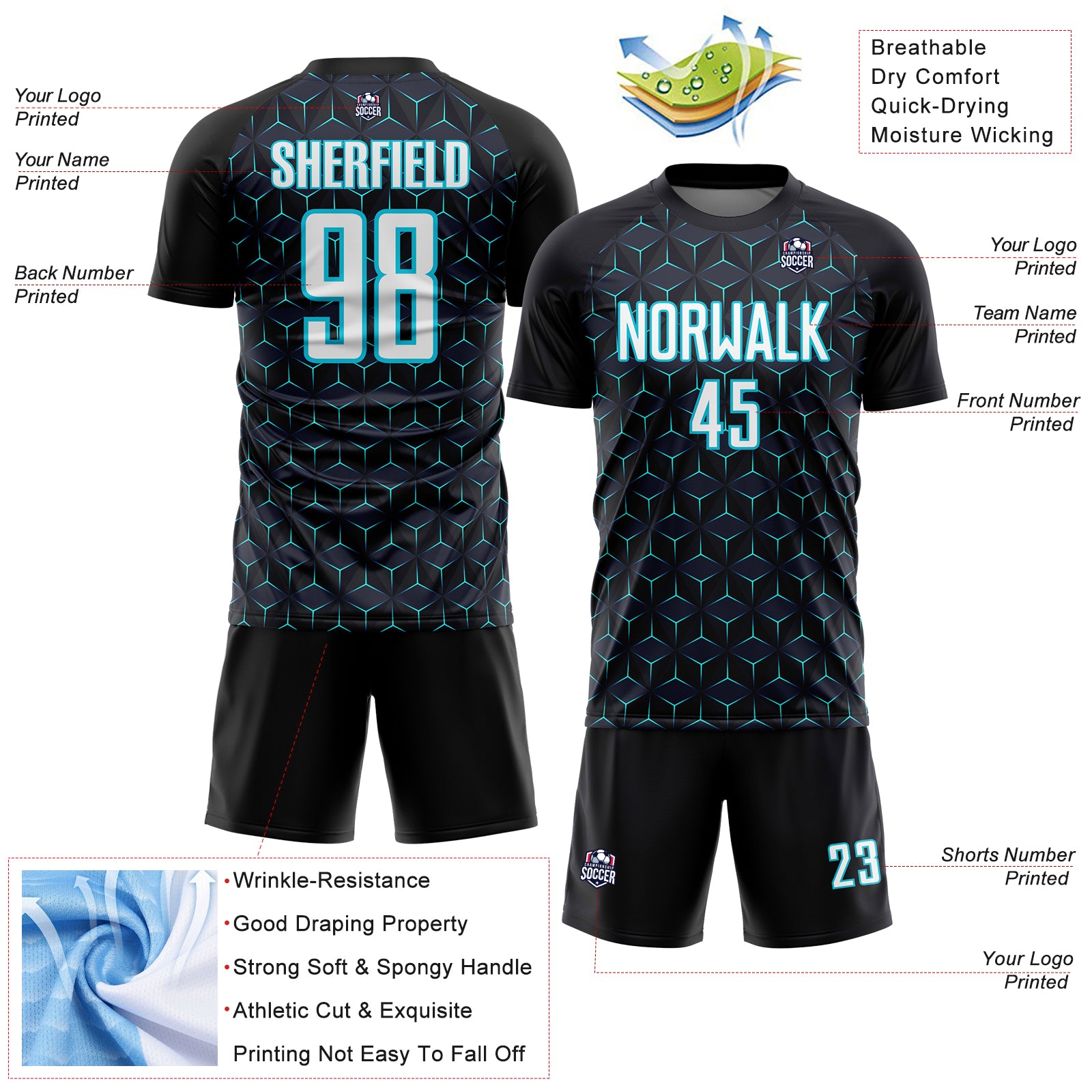 Custom Black White-Lakes Blue Geometric Shape Sublimation Soccer Uniform Jersey
